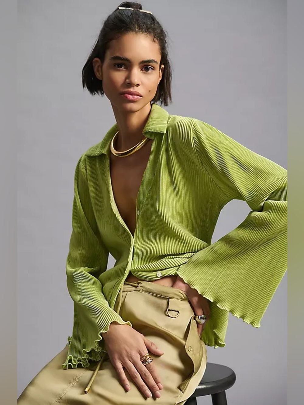 Anthropologie Dolan Lettuce-Hem Long Sleeve Button Front Top Size Medium